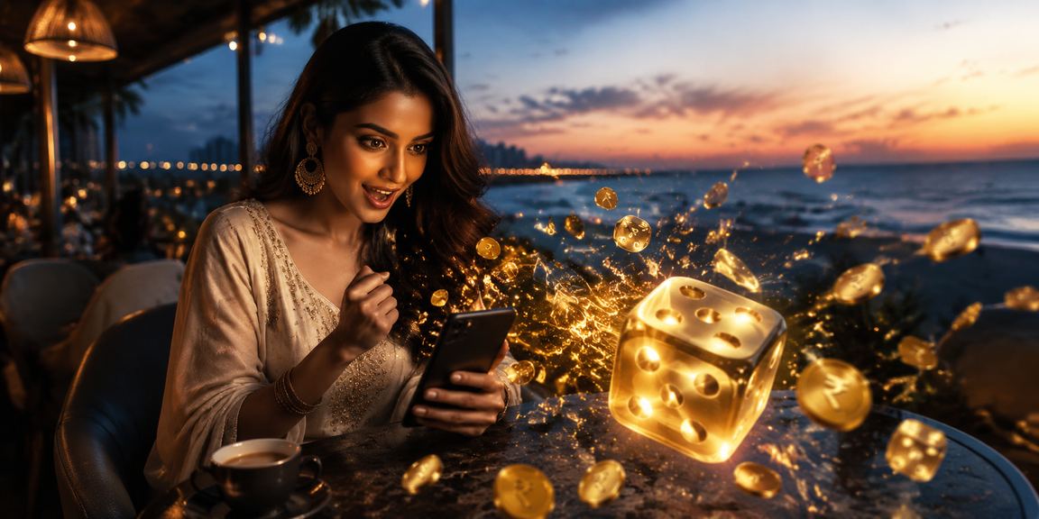 Indian player using mobile device to play dice game at Chennai Marina Beach